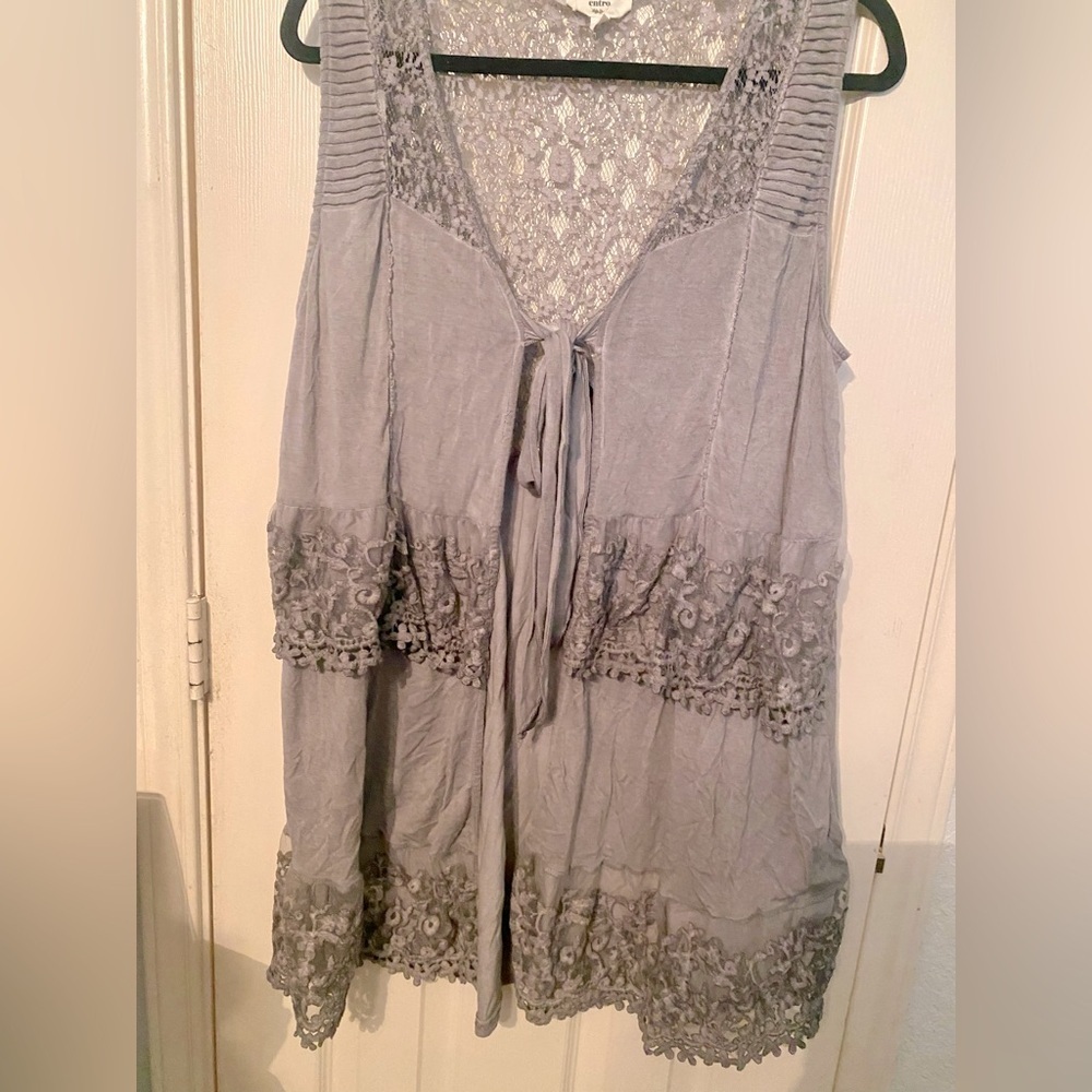 Entro medium gray mid length whimsical boho vest overlay with lace.
